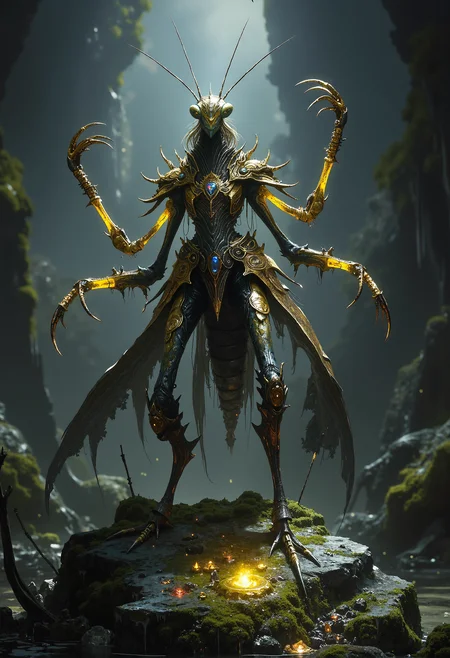A mantis-inspired alien with golden, razor-sharp claws and a jewel-encrusted thorax, standing tall on a glowing, moss-covered stone in a humid swamp. <lora:Dever_Flux_Enhancer.safetensors:0.5>, <lora:artisketchyfs-v02.safetensors:0.5>, <lora:Elden_Ring_-_Yoshitaka_Amano.safetensors:0.8>, <lora:black_fantasy.safetensors:0.5>,