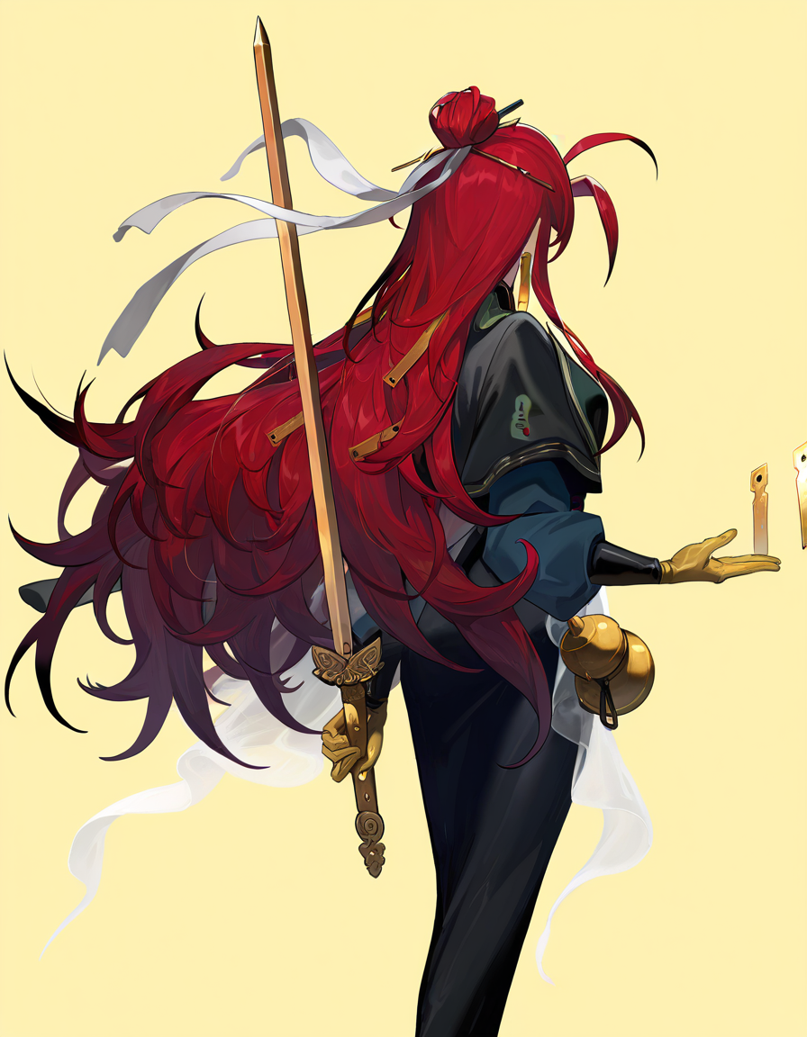 <lora:chuyi_noob:1>,xytx-chuyi, 1girl, solo, from behind, from side, red hair, long hair, earrings, jewelry, breasts, hair bun, gloves, yellow gloves, weapon, ahoge, very long hair, long sleeves, tassel, simple background, white background, transparent background,
masterpiece,best quality,very aesthetic,absurdres,