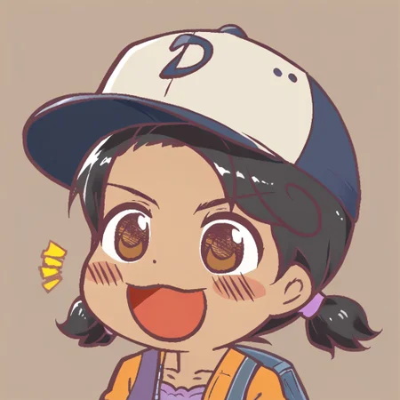 score_9, score_8_up,score_7_up,score_6_up, source_anime, chibi, open mouth, happy, Clementine WD, dark skin, dark-skinned female, black hair,short twintails, brown eyes, hat,  baseball cap
<lora:Ikiyouz-PonyXL-1024px:1>