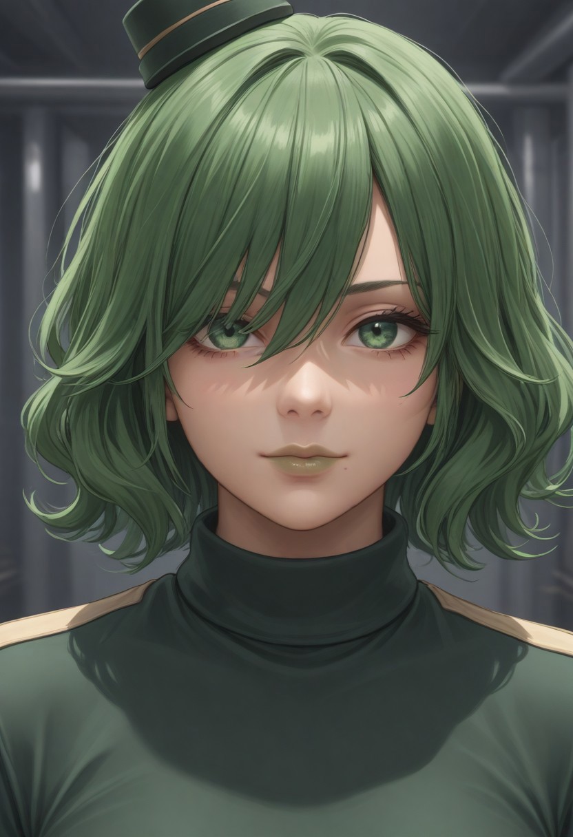 1girl, solo, solo focus, highres, absurdres, CL_Levit, long bangs, hair over eyes, green hair, lipstick, shiny lips, green lips, short hair, wavy hair, tiny hat, mole under mouth, 
looking at viewer, closed mouth, light smile, close-up, face focus,
factory, industrial pipe, stasis tank, dark,