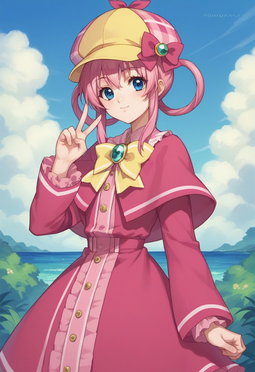 score_9, score_8_up, score_7_up, source_anime, highly detailed, 
sherlockshellinford, 1girl, hat, solo, blue eyes, pink hair, pink bow, bow,
hair rings, v, yellow bow, deerstalker, capelet,
outdoor, sky