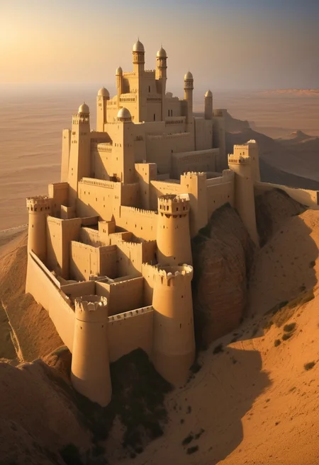 Arab Fort:
Description: An impressive fortress with high walls built of sandstone. The fortress has large arches and domes decorated with geometric ornaments and mosaic tiles. The entrance is massive, with double doors decorated with metal engravings.
Background: The fortress is set in a desert, with golden dunes and an oasis nearby. A distant city with many towers and minarets can be seen on the horizon.
Atmosphere: Dawn lighting effects that illuminate the scene and highlight the details of the fortress. Warm shades of gold and orange that add realism and depth to the image.