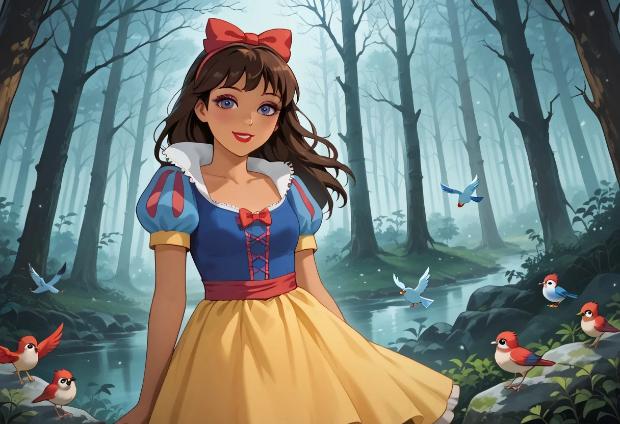 score_9, score_8_up, score_7_up, 1girl, solo, dora_af, (adult body:1.2), adult face, perfect eyes, slim body, mediunm perky breasts, small butt, narrow waist, narrow hips, dark-skinned female, brown hair, long hair, , makeup, eyeshadow, eyeliner, lipstick, shy smile, snow white cosplay, snow white (disney) (cosplay), cosplay, dress, hair bow, puff and slash sleeves, puffy short sleeves, puffy sleeves, red bow, short sleeves, skirt, yellow skirt, posing sensually, forest, animals around, birds flying.