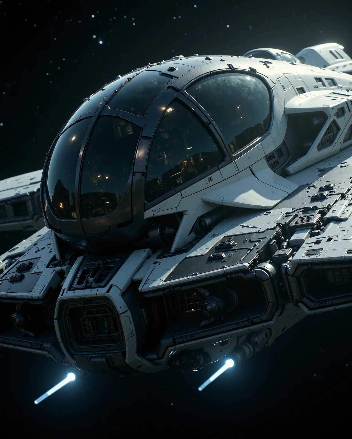 The cinematic shot is depicting an epic science fiction scene in deep space, likely from a science fiction movie like Alien or Dune with a colossal scale spacecraft gunship with gunmetal dark and white hull in full view, reflections from the cockpit canopy. in flight. reflections from stars or sun. thrusters active. action shot. in space.
film photography aesthetic, film grain effect prominent throughout image, high contrast lighting creating dramatic shadows, grainy film-like texture