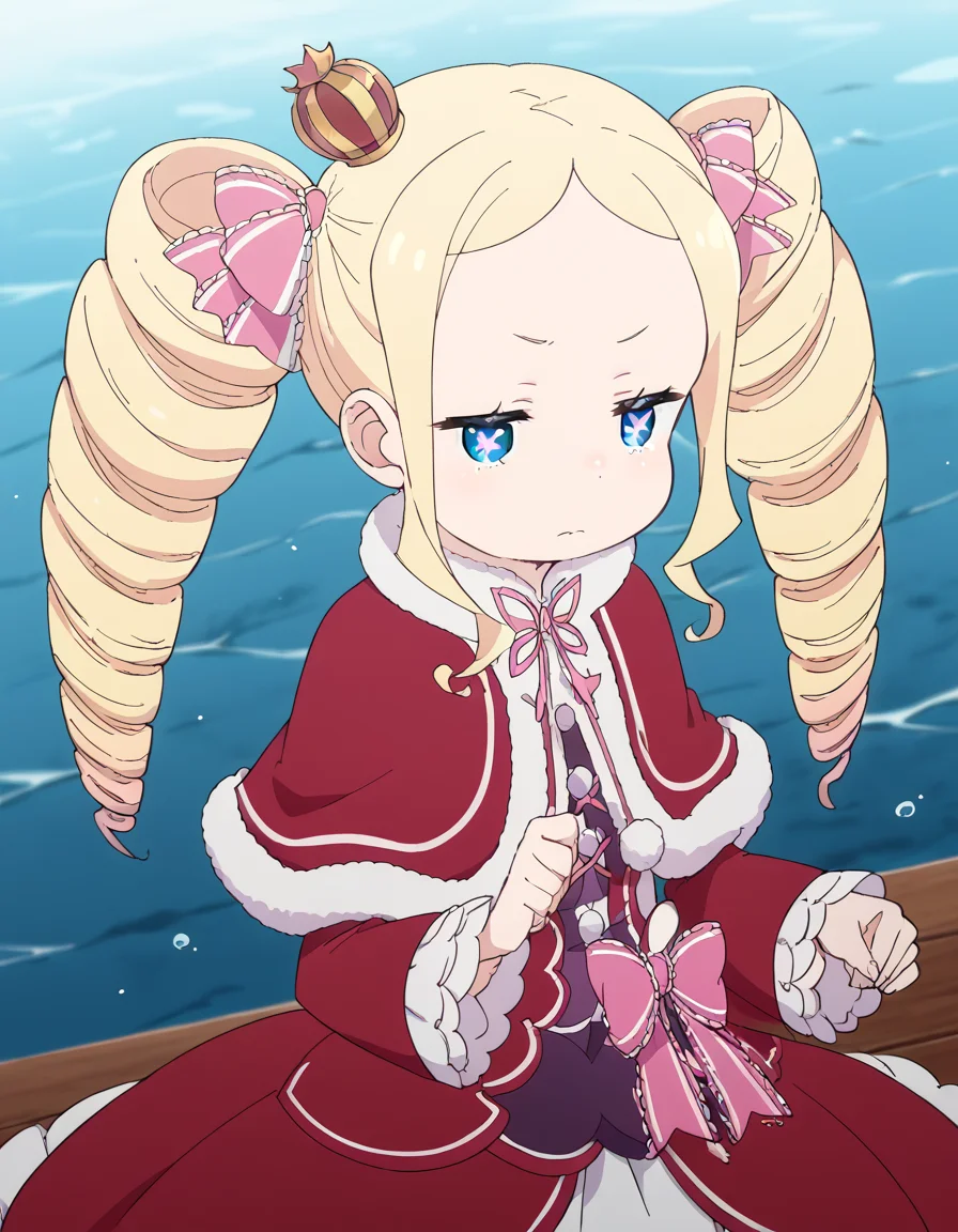 score_9, score_8_up, score_7_up, source_anime, <lora:rezero-beatrice-s3-p1-ponyxl-lora-nochekaiser:1>, beatrice, long hair, blue eyes, blonde hair, twintails, hair ribbon, sidelocks, symbol-shaped pupils, drill hair, twin drills,, dress, ribbon, fur trim, capelet, crown, mini crown, red capelet, frills, bowtie,, jetty, water, boats, dock, narrow, , <lora:zui-zui-dance-ponyxl-lora-nochekaiser:1>, zui zui dance, dancing, closed eyes,, looking at viewer, solo,, dutch angle, cowboy shot