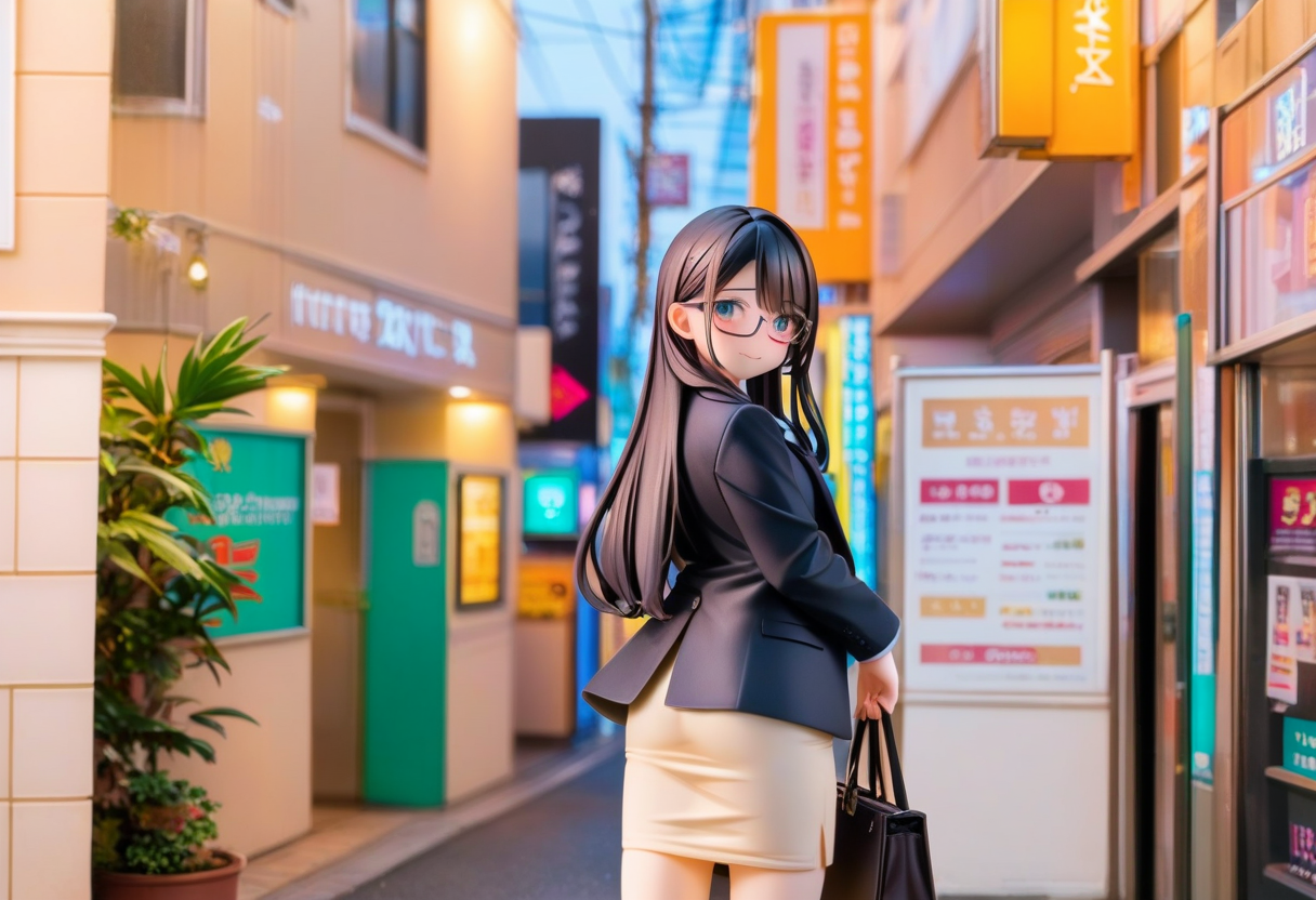 score_9, score_8_up, score_7_up, rating_safe, masterpiece, best quality, absurdres, unity 8k wallpaper, official art, official style, source_anime, uncensored, game cg, megami magazine,
1girl, solo, black hair, long hair, glasses, black jacket, office lady, skirt, business bag, embarrassed, shy smile, blush, pointing, looking back, from behind,
lovehogai, night, lamppost, sign, building, plant, outdoors, light, city, sky, window, night sky, road, door, cityscape, street, storefront
<lora:lovehogai_PONY_V1:1>