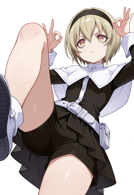 Smooth Quality,masterpiece,very intricate, high quality details, ultra realistic, high detailed skin,detailed enviorement,absurdres,
stop (gesture),
<lora:Pekora_CNR:0.8> pekora_cnr, 1girl, blonde hair, short hair, bangs, yellow eyes, multicolored eyes, shiny hair black hairband,bags under eyes,pekora_def_cnr, black dress, white capelet, black skirt,white belt, long sleeves, shoes, pouch,, v-shaped eyebrows,, simple background, white background, from below,solo,