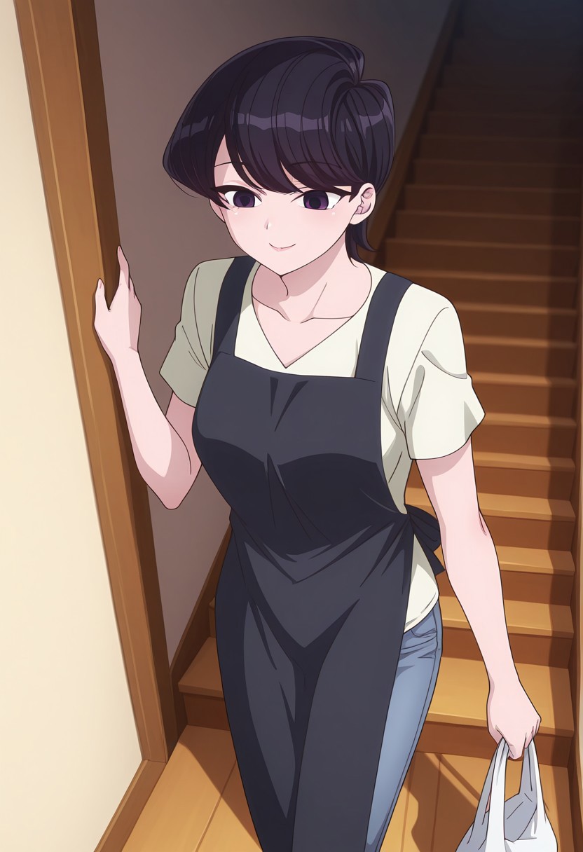 Rating 9, Rating 8, Rating 7, Rating 6, Rating 5, Rating 4, Masterpiece, Superior Quality, Amazing Quality, Masterpiece, Highest Quality, Ultra-detailed, Dynamic Angle, Dynamic Composition, Alone, white frame, maximum contrast, saturated color, bright colors, dynamic lighting,
1 girl, medium shot,vibrant colors, high contrast,
komishuukocnn, 1girl,black hair, short hair, bangs, purple eyes,mature female,
shirt, jeans, short sleeves,wearing an apron, carrying clothes, going down the stairs, smile closed, eyes open