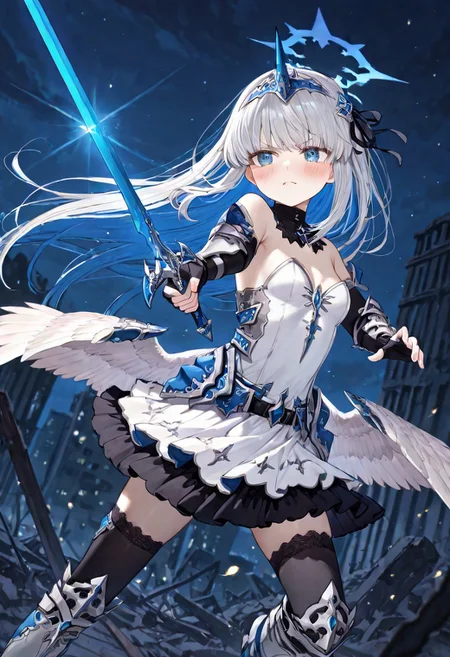 masterpiece, best quality, amazing quality, very aesthetic, high resolution, ultra-detailed, absurdres, newest, scenery,(depth of field:1.5),
(super fine illustration,professional quality,ultra high res), beautiful detailed eyes,
(high brightness),
break
rei_hatada_ad,
white hair, colored inner hair, two-tone hair, long hair, sidelocks,
blue eyes,
pale skin,
blue halo,
single horn headdress, hair ornament,
armored dress,
detached collar,
detached sleeves, arm armor, fingerless gloves,
winged belt,
black thighhighs, lace-trimmed thighhighs,
armored boots,
small breasts,
1girl,
blush, furrowed brow,
sword, holding sword,
(fighting stance), elemental manipulation,
(dutch angle:1.2),
cityscape,
(night:1.2), ruins,
dark blue light,