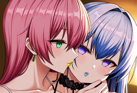 anime, two girls, close up, empty eyes, hypnotized, lipstick, red lipstick, yellow lipstick, green lipstick, blue lipstick, purple lipstick, black lipstick, colorful eyes, long hair, colorful hair, casual dress, kiss, kissing neck, kissing