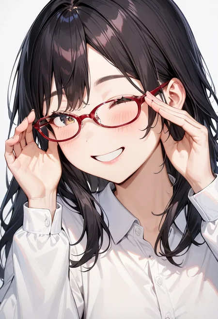 masterpiece, best quality, very aesthetic, absurdres,
1girl, solo, black hair, long hair,
oval_cell, glasses, red-framed eyewear,
collared shirt, happy, smile, looking at another, adjusting eyewear, white background, simple background,
<lora:oval_glasses_cell-frame2_SDXL_V1:0.8>