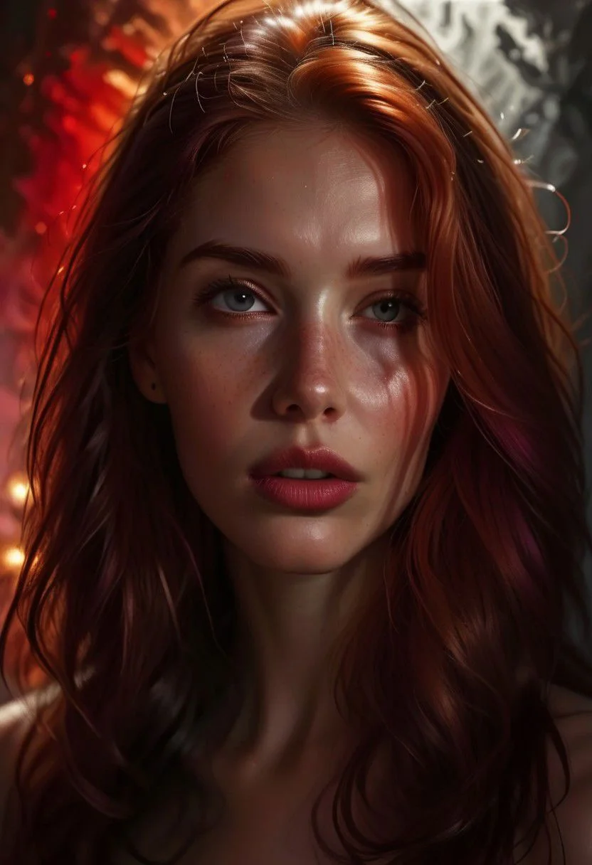 bold shadows, abstract touch, close up photograph ,hyper realistic black and white portrait of redhead Ariel, piercing light gaze ,three quarter position and plunging view, sampaguitajay style, organic background, in the style of realistic usage of light and color, red and purple light layer, red touch matte painting, rubn maya, bold shadows, marvel comics, wifredo lam, dimensional layering, jessie arms botke black and white portrait of Ariel, in the style of realistic usage of light and color, chiaroscuro, rubn maya, , marvel comics, wifredo lam, dimensional layering, faded grey background, shoot with Nikon D750, jessie arms botke , red and purple light laye