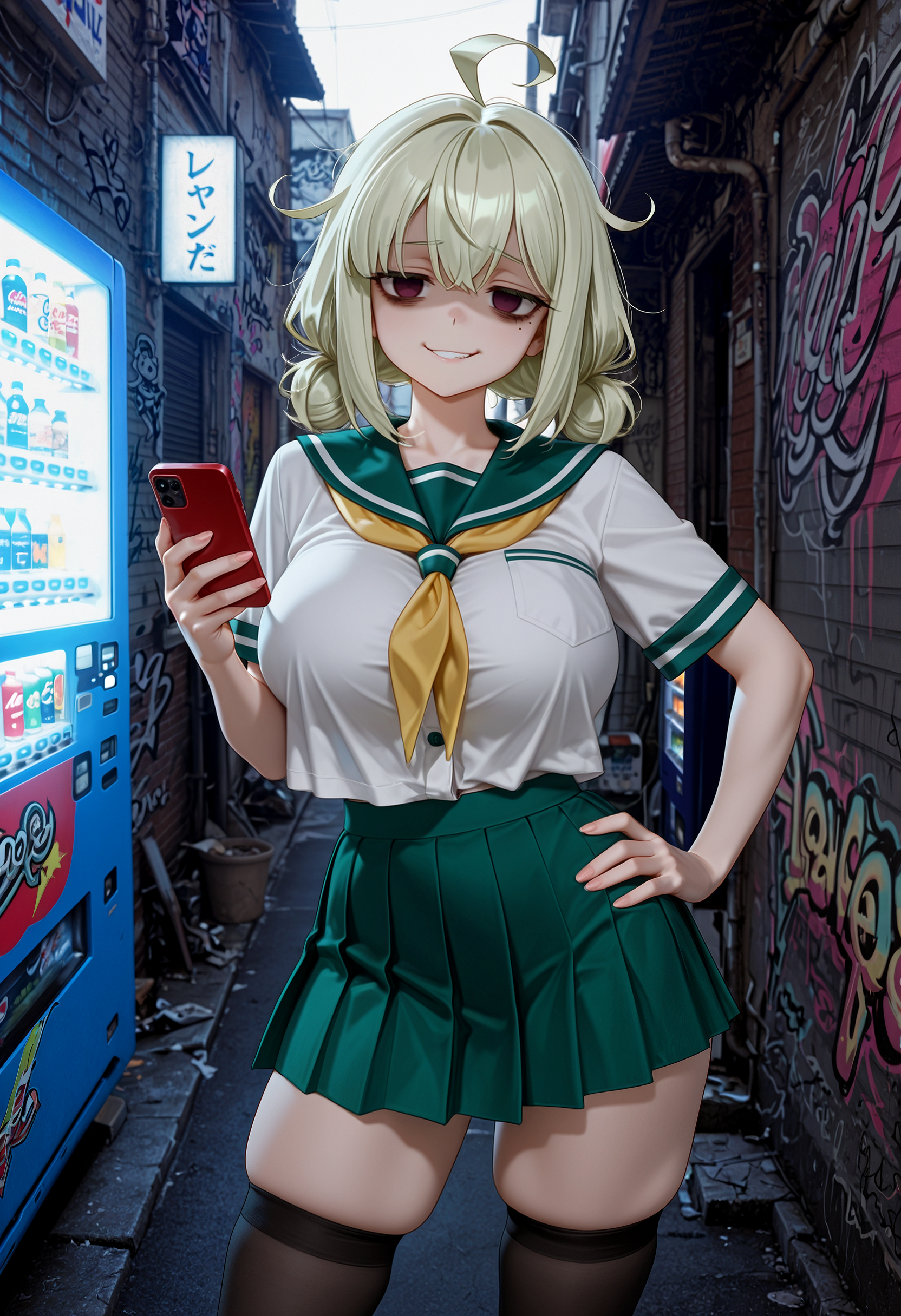 masterpiece, best quality, leoparde \(mahou shoujo ni akogarete\), big breasts, alternate costume, serafuku, green skirt, white shirt, short sleeved shirt, yellow neckerchief, messy hair, ahoge, empty eyes, bags under eyes, mole under eye, smirk, black thighhighs, skindentation, off-shoulder cardigan, holding smartphone, sassy, disheveled, outdoors, alley, graffiti, vending machine, hand on hip, contrapposto,