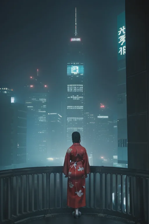moviestill, a woman in a red kimono, outdoor, city view, night