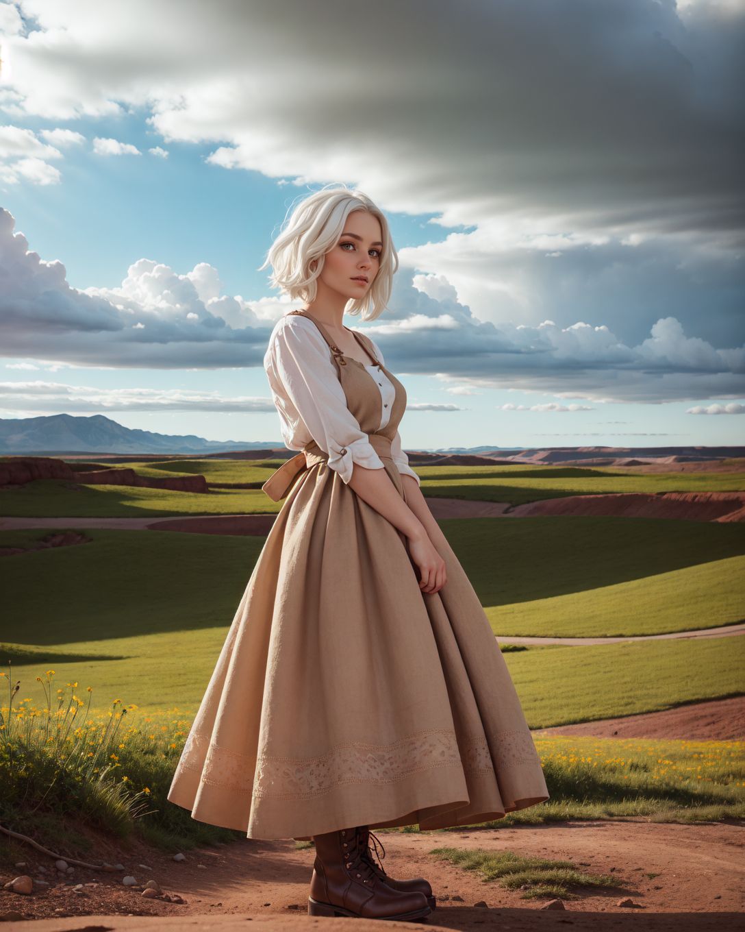 (worm's eye:1.4), (Sn0frid_v1, white hair:1.3),  medium bosom, (style of Dorothea Lange) rugged frontier homestead woman, 1800s Montana, linen blouse, long skirt, apron, practical sturdy boots, earthy tones, natural fibers, rustic charm, sepia-toned aesthetic, arid golden prairie, wooden cabin, wildflowers, cracked soil, farm tools, weathered textures, sun-dappled lighting, determined expression, confident pose, wind-tousled hair, (dramatic clouds:1.2), vast open landscape, vintage authenticity, pioneering spirit ,