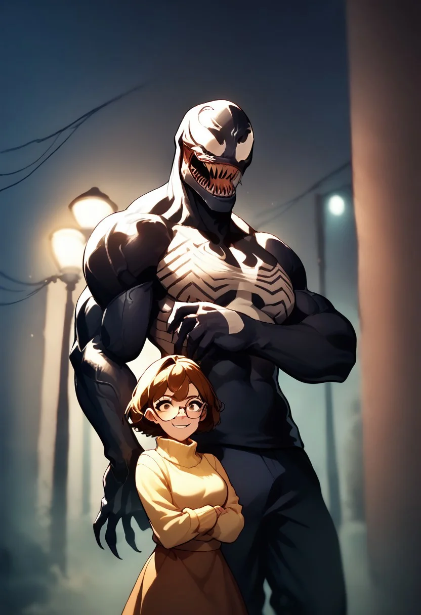 score_9, score_8_up, score_7_up, score_6_up,source anime,,1girl,1man, brown hair, glasses, sweater, brown eyes, skirt, short hair, looking at viewer, turtleneck, turtleneck sweater,
1man,Venom stands at his full height behind him, showing off the muscles on his powerful arms, big teeth, and a crazy smile.symbiote,muscular,tongue out,monster,