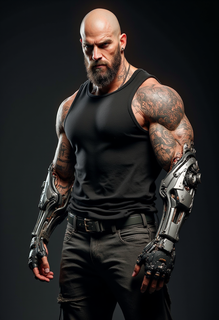 Cyberpunk realistic professional photo in recypu style.

A muscular, bald man with a gruff, weathered appearance. His skin is tanned, and he has a full beard and mustache. The man is dressed in a black, sleeveless tank top and dark gray, slightly wrinkled pants. He wears black fingerless gloves and a black wristband on his left arm, which is heavily tattooed with intricate designs. His right arm is covered in a complex, cybernetic prosthetic, featuring multiple mechanical parts and a large, rectangular display panel that appears to be displaying various readouts.

The man has several facial piercings, including a large ring in his left eyebrow and a smaller stud in his right eyebrow. He also has a small, circular tattoo on his left cheek and a larger, more detailed tattoo on his right shoulder. His expression is stern, with a slight scowl, suggesting a tough, no-nonsense demeanor.

The background is a solid, dark gray, which contrasts sharply with the man’s skin and clothing, making him the focal point. The lighting is soft yet directional, casting subtle shadows that highlight the textures and contours of his physique and clothing. The overall style of the image is realistic yet exaggerated, emphasizing both the man's physical strength and his