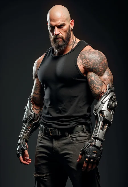 Cyberpunk realistic professional photo in recypu style.
A muscular, bald man with a gruff, weathered appearance. His skin is tanned, and he has a full beard and mustache. The man is dressed in a black, sleeveless tank top and dark gray, slightly wrinkled pants. He wears black fingerless gloves and a black wristband on his left arm, which is heavily tattooed with intricate designs. His right arm is covered in a complex, cybernetic prosthetic, featuring multiple mechanical parts and a large, rectangular display panel that appears to be displaying various readouts.
The man has several facial piercings, including a large ring in his left eyebrow and a smaller stud in his right eyebrow. He also has a small, circular tattoo on his left cheek and a larger, more detailed tattoo on his right shoulder. His expression is stern, with a slight scowl, suggesting a tough, no-nonsense demeanor.
The background is a solid, dark gray, which contrasts sharply with the man’s skin and clothing, making him the focal point. The lighting is soft yet directional, casting subtle shadows that highlight the textures and contours of his physique and clothing. The overall style of the image is realistic yet exaggerated, emphasizing both the man's physical strength and his