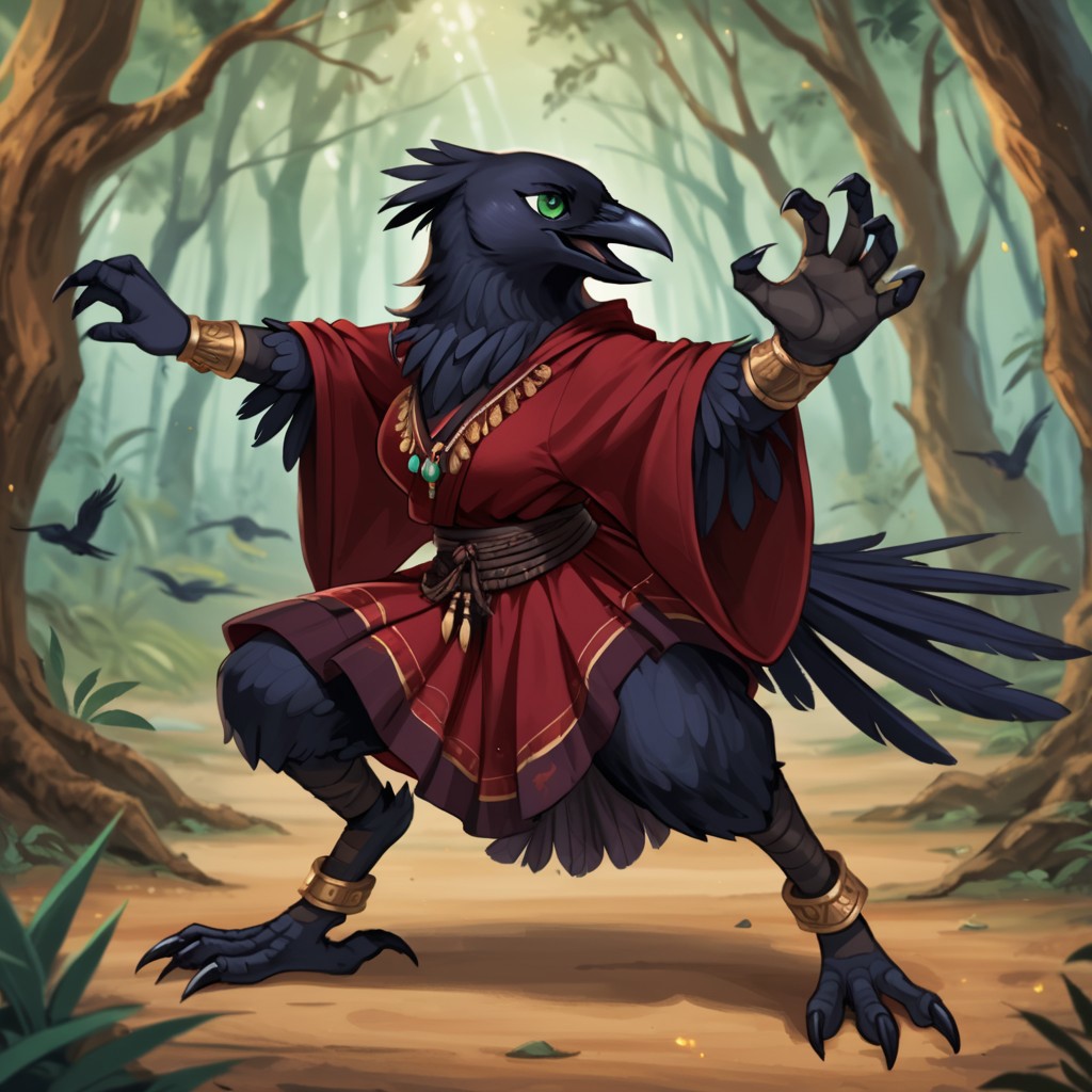(((detailed, beautiful, high quality))), score_9, score_8_up, score_7_up, ((solo)), dynamic pose, fighting pose,
kenku, anthro bird, anthro crow, plumage,
1 girl, female focus, green eyes, red robe, gold jewelry,
looking at viewer, posing,
fantasy background, blurred background, forest background,