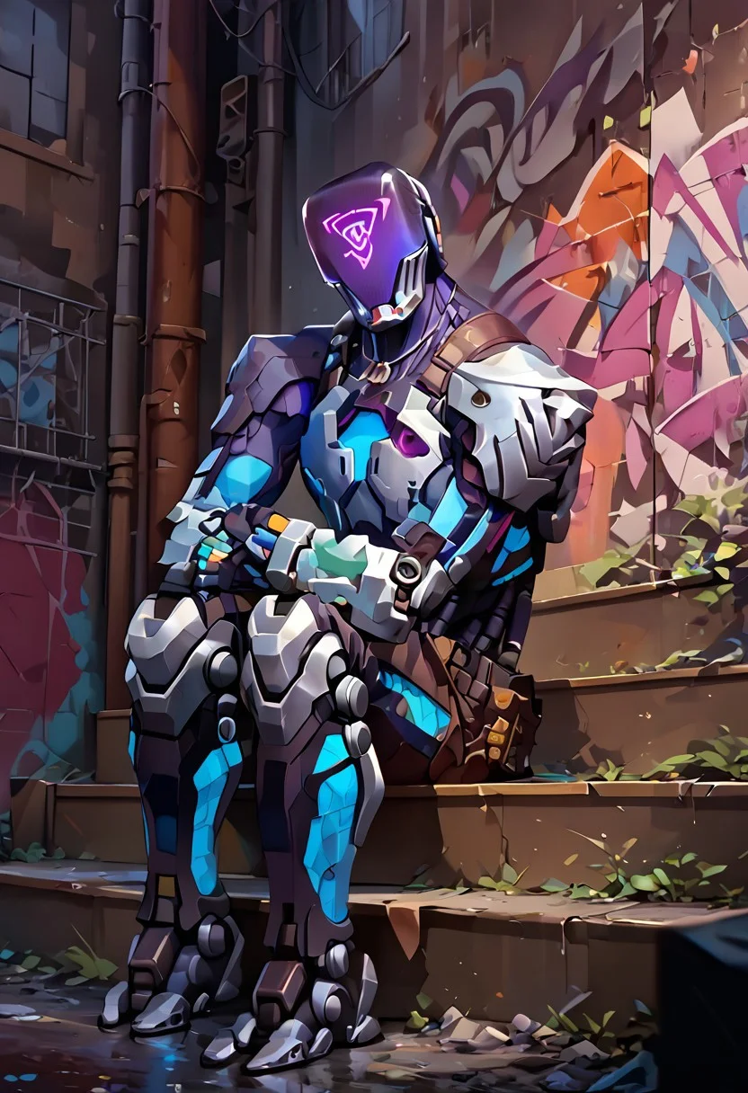 score_9,score_8_up,score_7_up,score_6_up, robot, kayo blue, triangle face,
BREAK
, full body, sitting on stairs, sexy pose, reflections on body, holing blue knife, looking at viewer,
BREAK
, best quality, high resolution, on the street, graffiti, purple blue tones, fugtrup , hamukukka, score_9, score_8_up, score_7_up,