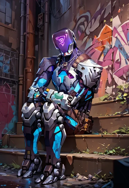 score_9,score_8_up,score_7_up,score_6_up, robot, kayo blue, triangle face,
BREAK
, full body, sitting on stairs, sexy pose, reflections on body, holing blue knife, looking at viewer,
BREAK
, best quality, high resolution, on the street, graffiti, purple blue tones, fugtrup , hamukukka, score_9, score_8_up, score_7_up,