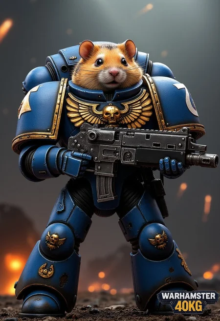 An Ultramarine torso clad in majestic, battle-scarred blue power armor, featuring the iconic gold Aquila and Ultramarines insignia, paired with massive pauldrons and intricate details. His head is that of a photorealistic (hamster:1.1) with detailed fur, whiskers and large beady black eyes. It contrasts absurdly with the seriousness of the armor. In his oversized armored gauntlets, he clutches a massive, futuristic rifle that's comically too serious for his cheerful demeanor.
The background shows a grim dark battelfield with explosion craters on an alien planet and falling meteors.
At the bottom of the image, there is a text that says "WARHAMSTER 40KG" in the usual warhammer 40k logo
