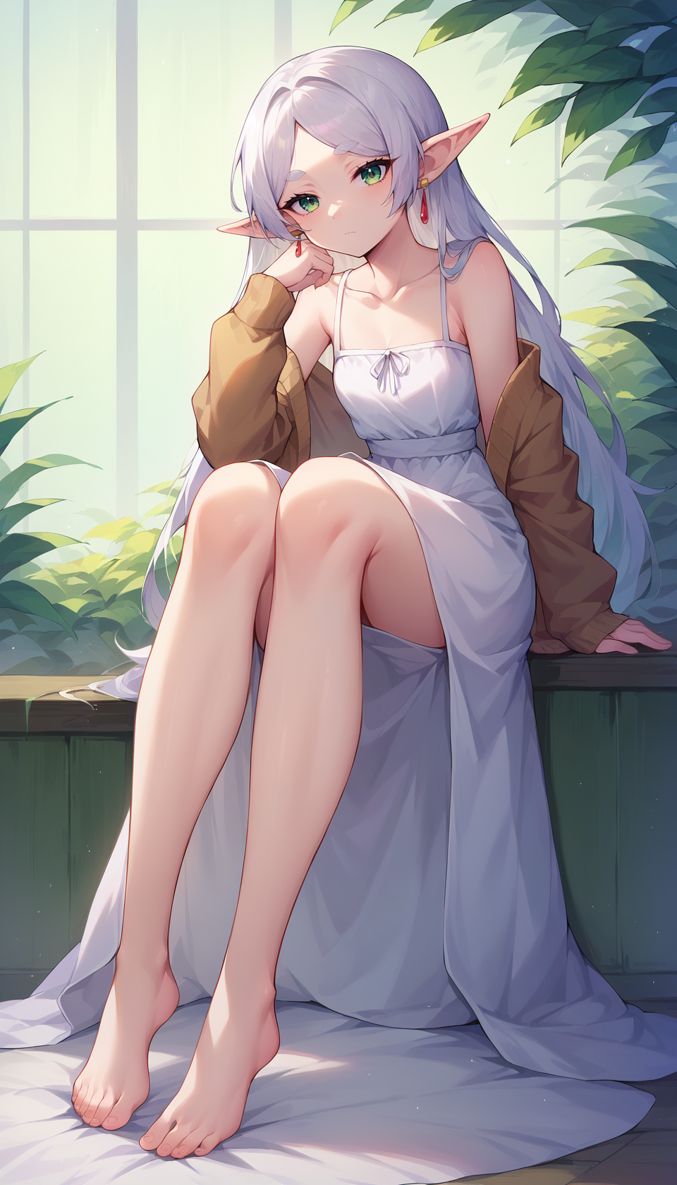 <lora:frieren_nereirfpnxl_pony_v2:1> score_9, score_8_up, score_7_up, score_6_up, score_5_up, score_4_up, source anime,
 nereirfpnxl, frieren, 1girl, solo, dress, pointy ears, long hair, barefoot, white dress, jewelry, green eyes, earrings, feet, looking at viewer, elf, sitting,  full body,  toes, collarbone, cardigan, closed mouth, thick eyebrows, white hair