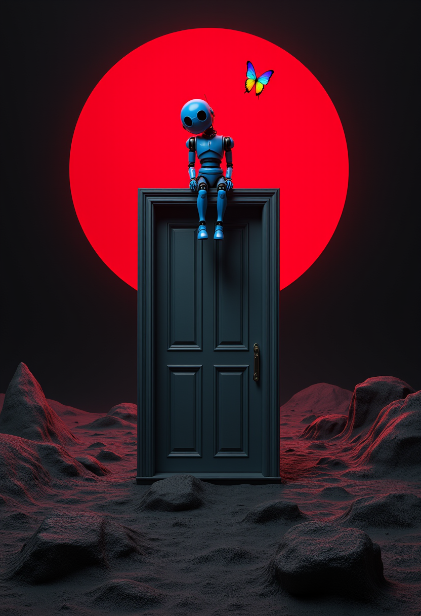 A door floating in mid-air within a Black and Red Surrealist landscape.

A blue robot sit on the door.

A rainbow-colored butterfly flies over the robot's head.

HD32K, hyperdetailed, best quality,

aidmaMJ6.1,