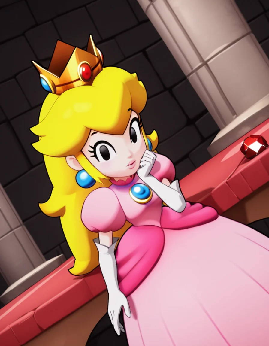 score_9, score_8_up, score_7_up, source_anime, <lora:princess-peach-brothership-ponyxl-lora-nochekaiser:1>, princess peach, blonde hair, black eyes, long hair,, crown, dress, gem, gloves, pink dress, puffy short sleeves, puffy sleeves, short sleeves, white gloves,, tunnel, dark, underground, passage, walls, , sitting, elbow rest, table,, looking at viewer, solo,, dutch angle, cowboy shot