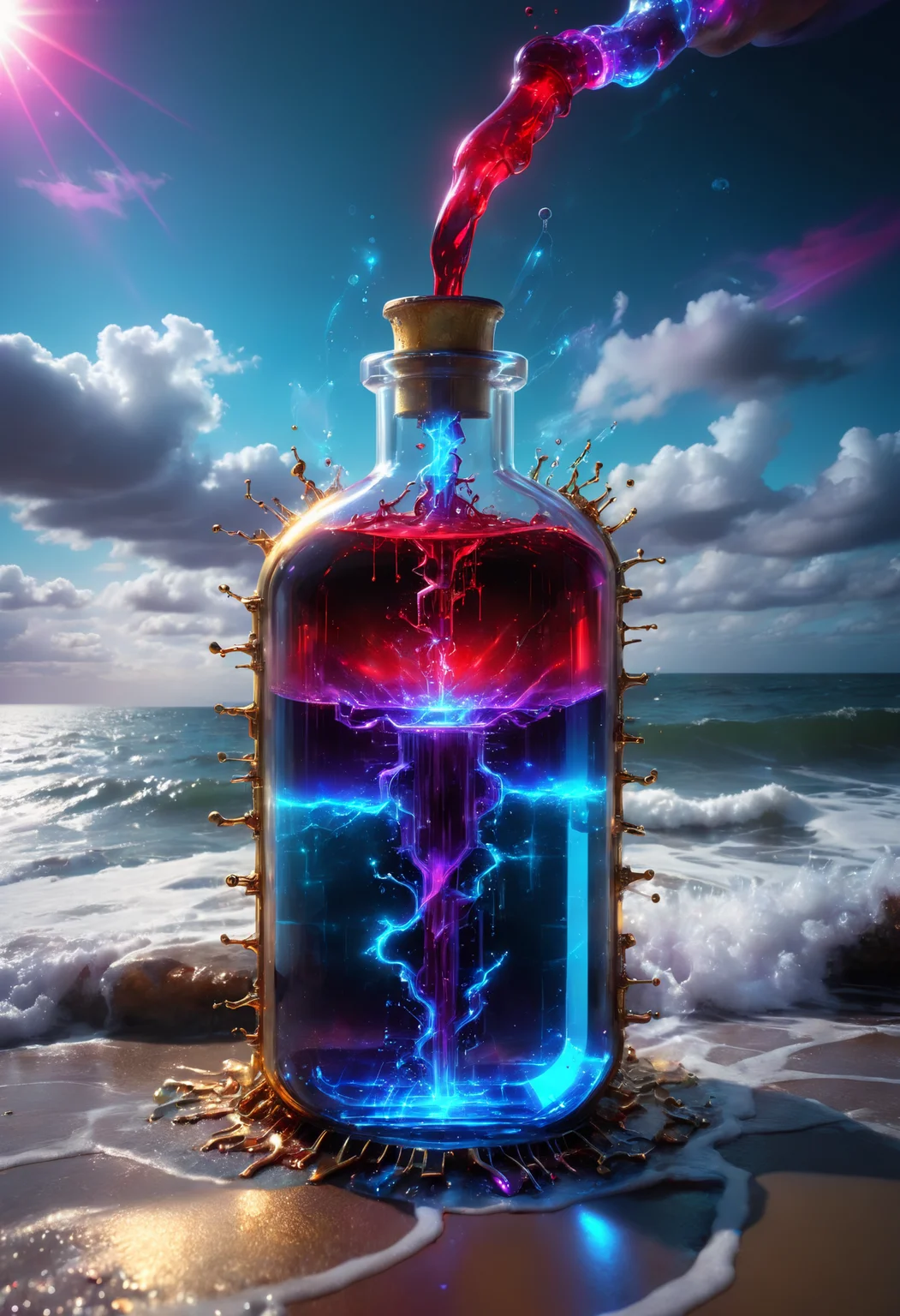 iccircuitart,red, purple , sky blue theme,highly detailed image of a magical potion bottle leaking out into the ocean, delicate, beautiful, extremely high quality image, HDR, fantasy, photo Centered in Perfect Composition, Complex Details Showing Unique and Enchanting Elements, Very Detailed Digital Painting, Golden Ratio, Dramatic Lighting, Very Realistic, <lora:iccircuitart:1>