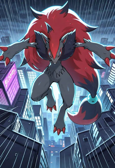 masterpiece, best quality, no humans, <lora:ZoroarkPokedex_IXL_v1:1.0>, zzZoroark, city rooftop at night, arms spread, rain falling, neon reflections, dramatic backlight â On a rain-slick rooftop bathed in neon glow, zzZoroark spreads its arms wide, catching the downpour on its open palms. Thunder rolls across the skyline, and streaks of electric blue and crimson ripple through puddles at its feet as the city pulses below.