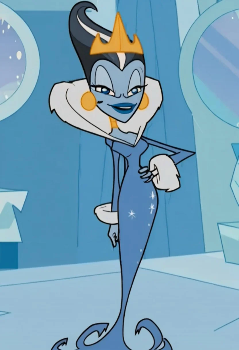 Iciclia, solo, 1girl, female, blue skin, blue eyes, blue lips, dark blue hair, white hair streak,
eye wrinkles,
gold crown, gold earrings,
blue dress, sparkling dress, fur hood, fur cuffs,
smiling, bedroom eyes, looking at viewer,
hand on hip,
full body view, standing,