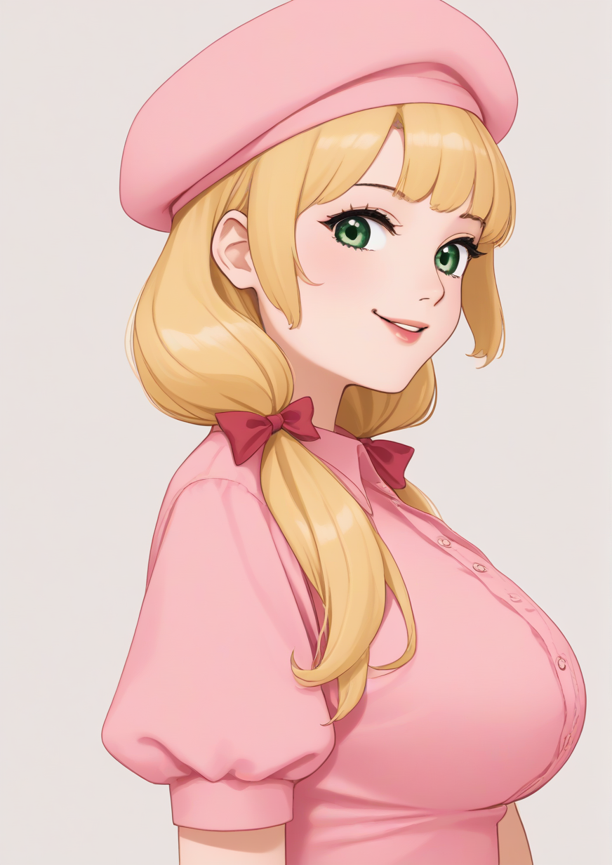 1girl, tuesday simmons, huge breast, , alternate hairstyle, beret, blonde hair, blouse, color ink (medium), dated, from side, green eyes, hat, lips, looking at viewer, low twintails, pink headwear, pink shirt, puffy short sleeves, puffy sleeves, ribbon, shirt, short sleeves, signature, smile, solo, traditional media, twintails, upper body, handfixer <lora:HandFixer_pdxl_Incrs_v1:1>  <lora:Fried_Bocky:0.9>