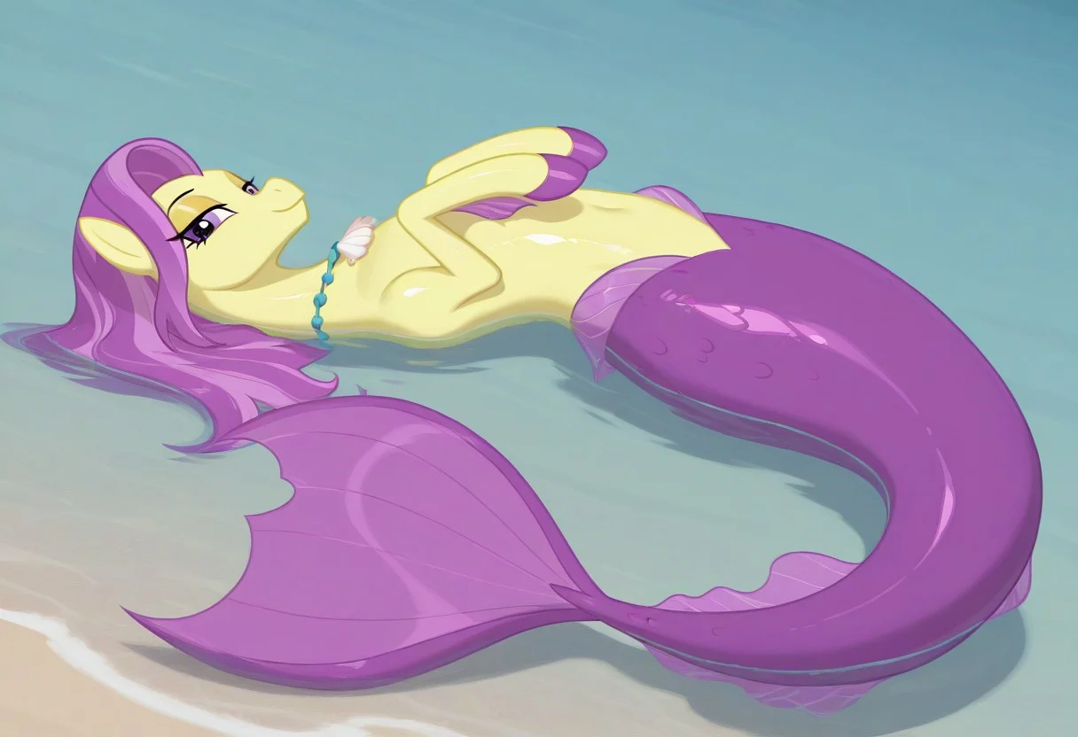 (masterpiece:1.2), (best quality:1.2), (very aesthetic:1.2), (absurdres:1.2), (detailed background), newest, sharp focus, perfect light, dynamic light, natural light, (best quality), my little pony, ocean flow, solo, water, purple eyes, 1girl, shell necklace, jewelry, no humans, purple hair, yellow skin, fins, looking at viewer, lidded eyes, yellow eyeshadow, dutch angle, shiny skin, glossy skin, shiny hair, glossy hair, full body, lying on back, beach, in water, siren, hippocampus, mermaid tail