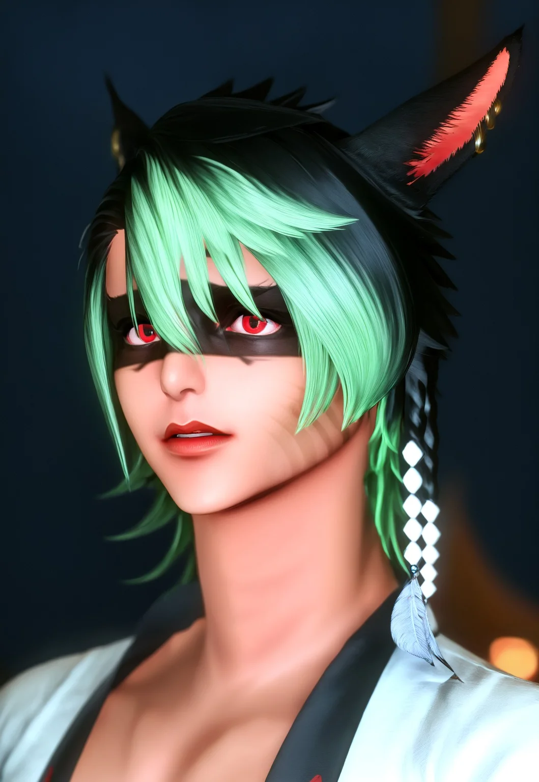 masterpiece, best quality, KrhisT1A, miqo'te, animal ears, facial mark, jewelry, cat ears, earrings, short hair, green hair, two-tone hair, solo, depth of field, multicolored hair, braid, 1boy, red eyes, slit pupils, lips, black hair, solo focus, facepaint