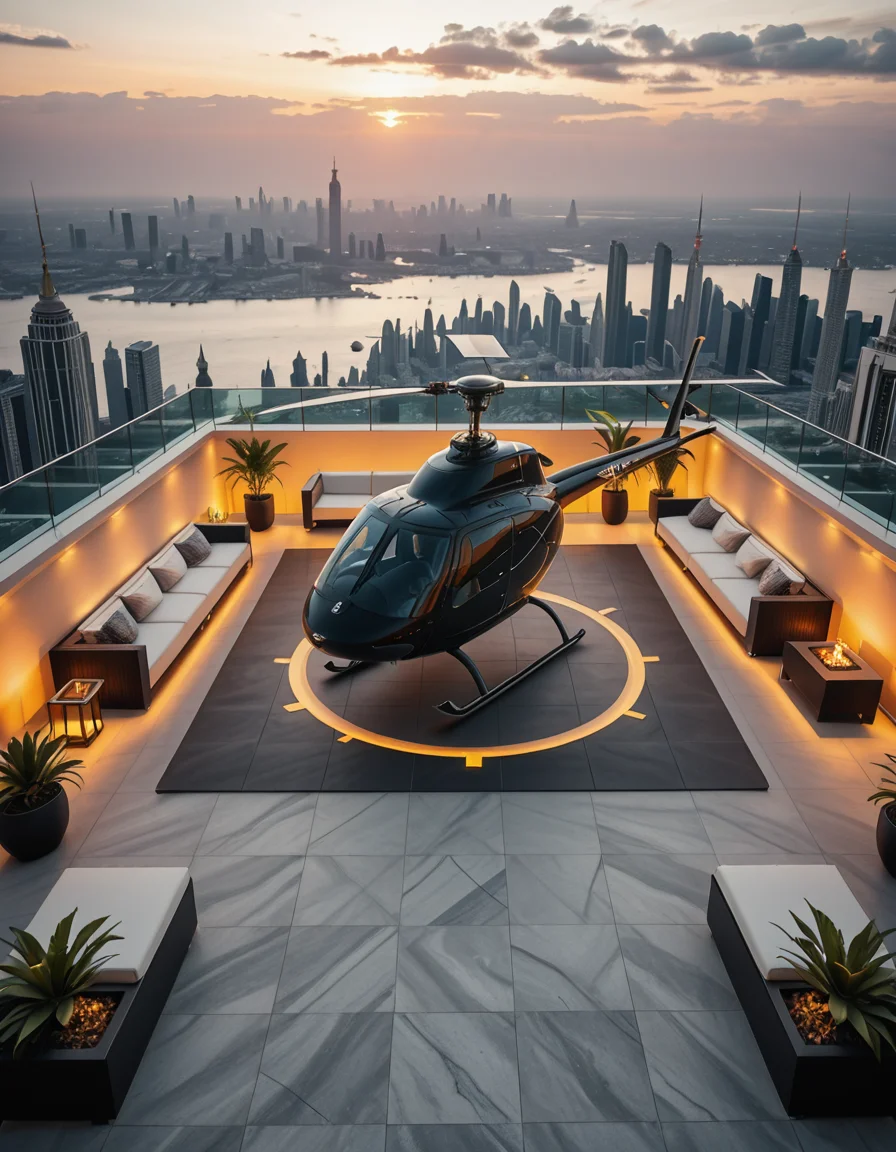 A high-resolution photo of a luxurious rooftop of a five-star hotel at sunset, featuring a sleek helipad with a high-end, matte-black private helicopter elegantly parked. The rooftop is designed with ultra-modern architecture, featuring a spacious terrace with infinity-edge glass railings, ambient lighting, and a panoramic city skyline in the background. The surface of the helipad is clean, polished concrete with clear illuminated markings. Surrounding the helipad, there are lounge areas with modern outdoor furniture, minimalist fire pits, and decorative planters with tropical greenery. The lighting is warm and golden, casting soft shadows and highlighting the contours of the helicopter and the textures of the rooftop. The sky is dramatic, painted with hues of orange, pink, and violet, creating a cinematic atmosphere of luxury and exclusivity. The overall mood is elite, calm, and aspirational, showcasing the ultimate in urban luxury lifestyle.
<lora:SDXLFaeTastic2400:0.4> <lora:extremely_detailed:0.4> extremely detailed,helipad r00ft0p <lora:helipad_r00ft0p-i:1>, Masterpiece,best quality,hi res,8k,hi res,8k,award winning,(sharp focus, intricate, highly detailed),