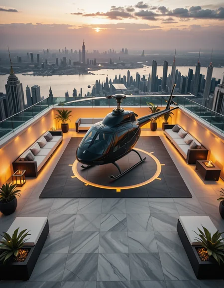A high-resolution photo of a luxurious rooftop of a five-star hotel at sunset, featuring a sleek helipad with a high-end, matte-black private helicopter elegantly parked. The rooftop is designed with ultra-modern architecture, featuring a spacious terrace with infinity-edge glass railings, ambient lighting, and a panoramic city skyline in the background. The surface of the helipad is clean, polished concrete with clear illuminated markings. Surrounding the helipad, there are lounge areas with modern outdoor furniture, minimalist fire pits, and decorative planters with tropical greenery. The lighting is warm and golden, casting soft shadows and highlighting the contours of the helicopter and the textures of the rooftop. The sky is dramatic, painted with hues of orange, pink, and violet, creating a cinematic atmosphere of luxury and exclusivity. The overall mood is elite, calm, and aspirational, showcasing the ultimate in urban luxury lifestyle.
<lora:SDXLFaeTastic2400:0.4> <lora:extremely_detailed:0.4> extremely detailed,helipad r00ft0p <lora:helipad_r00ft0p-i:1>, Masterpiece,best quality,hi res,8k,hi res,8k,award winning,(sharp focus, intricate, highly detailed),