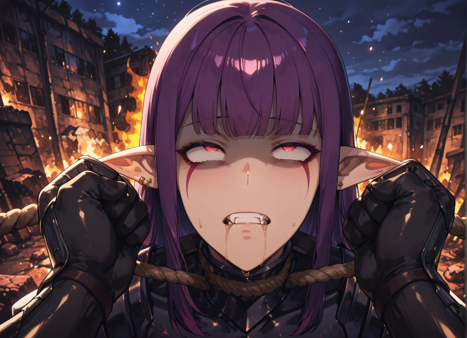 masterpiece, absurdres,amazing quality, best quality, detailed background, 8k, 
<lora:Choke_Hold_r1:0.8>Choke_HoldV1,
rope around neck, tied neck,shaded face, 
another hands holding rope around neck,
suffocation,pov,Pain, Struggle,rolling eyes, 
BREAK
<lora:Esil:0.8>esil3, pointy ears, purple hair, red eyes, long hair, teeth, jewelry, earrings, facial mark, sidelocks, bangs, fangs,blunt bangs, gauntlets, armored legwear,ear piercing, 
night, night sky, outdoors, 
 fire,
BREAK
black hair male,