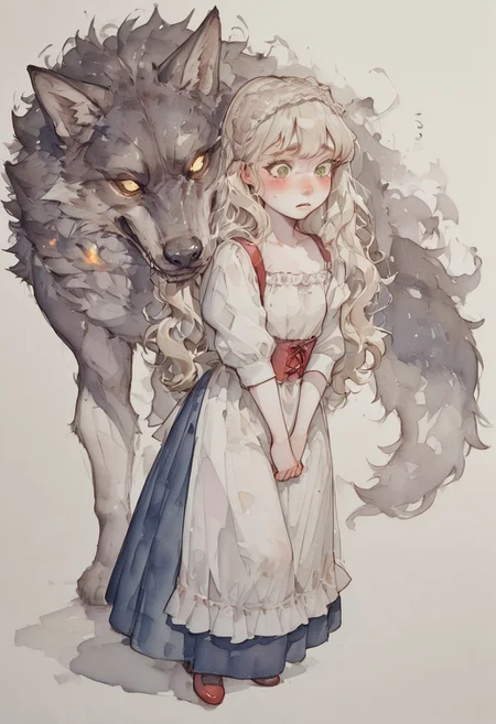 ( watercolor):2, (pastel colors), high detail, (lineless:1.2), (realistic), detailed, depth of field, dynamic lighting, masterpiece, detailed_eyes, high_quality, best_quality, highres, (muted colors), pencil lines,

in the foreground stands a girl, lovely, tender, blush, white skin, green eyes, full lips, light hair, very long hair, lush hair, wavy hair, lace headband in hair, blush, thick eyelashes, Victorian girl,
white shirt with square neckline, red corset with straps, blue skirt, white apron, presses hands to chest, scared,
behind the girl's back is a terrible wolf, with burning eyes, bared mouth,
white background,
full body,