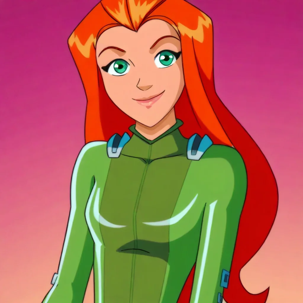 1girl, solo, sam_totally_spies, long hair, orange hair, green eyes, green bodysuit, smile, looking at viewer