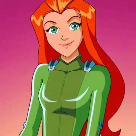 1girl, solo, sam_totally_spies, long hair, orange hair, green eyes, green bodysuit, smile, looking at viewer