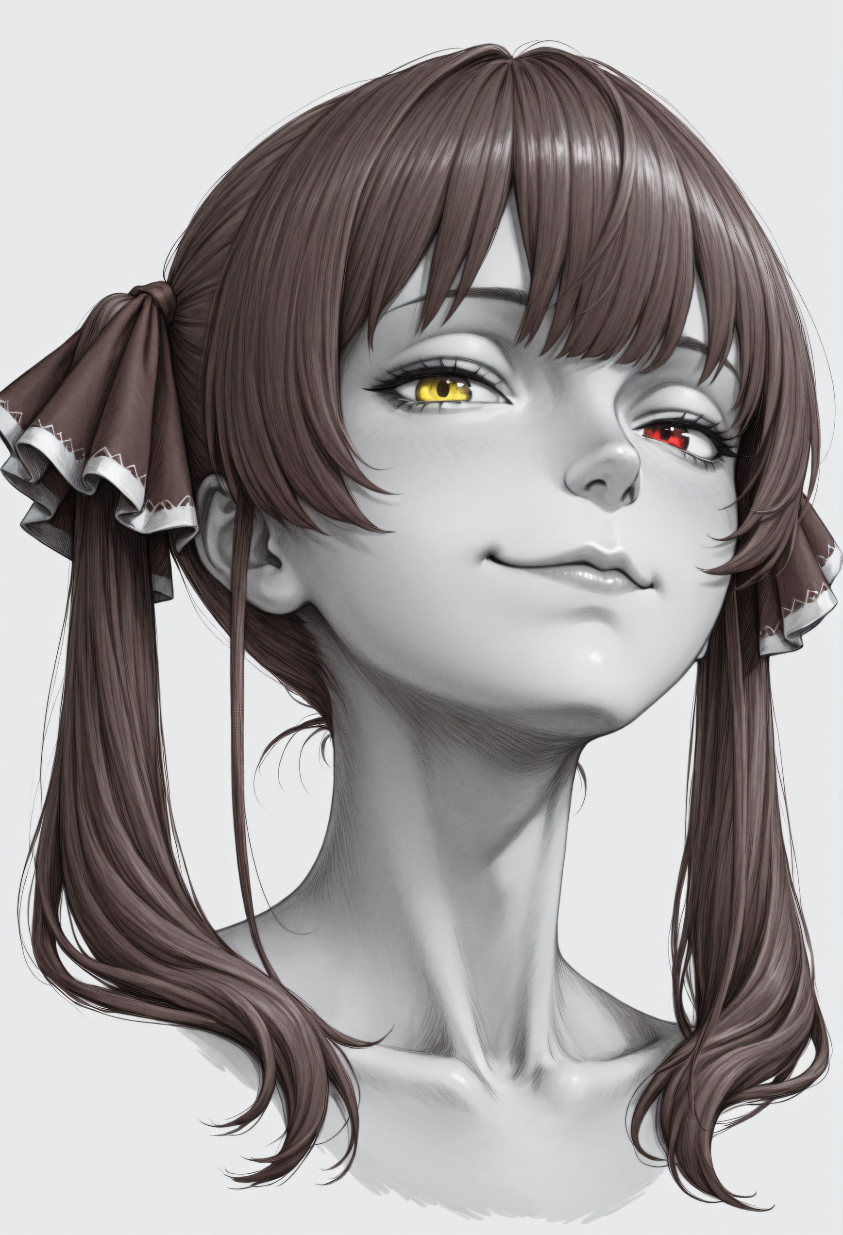 solo, 1girl, <lora:marine_noobeps:1>, s3nch0u_prte, heterochromia, red eyes, yellow eyes, red hair, twintails, red ribbon, smug, :3, smirk, cropped_shoulders, portrait, from below, head tilt, very awa, masterpiece, best quality, highres, absurdres, <lora:SketchArtV2:1>, greyscale, monochrome, sk3tch, hatching/(texture/)
