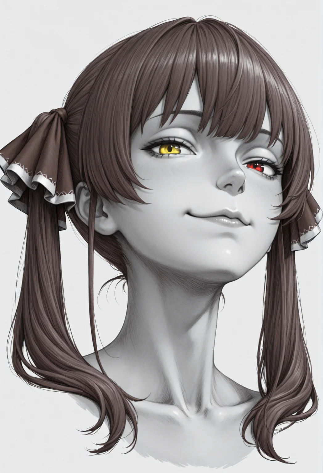 solo, 1girl, <lora:marine_noobeps:1>, s3nch0u_prte, heterochromia, red eyes, yellow eyes, red hair, twintails, red ribbon, smug, :3, smirk, cropped_shoulders, portrait, from below, head tilt, very awa, masterpiece, best quality, highres, absurdres, <lora:SketchArtV2:1>, greyscale, monochrome, sk3tch, hatching/(texture/)