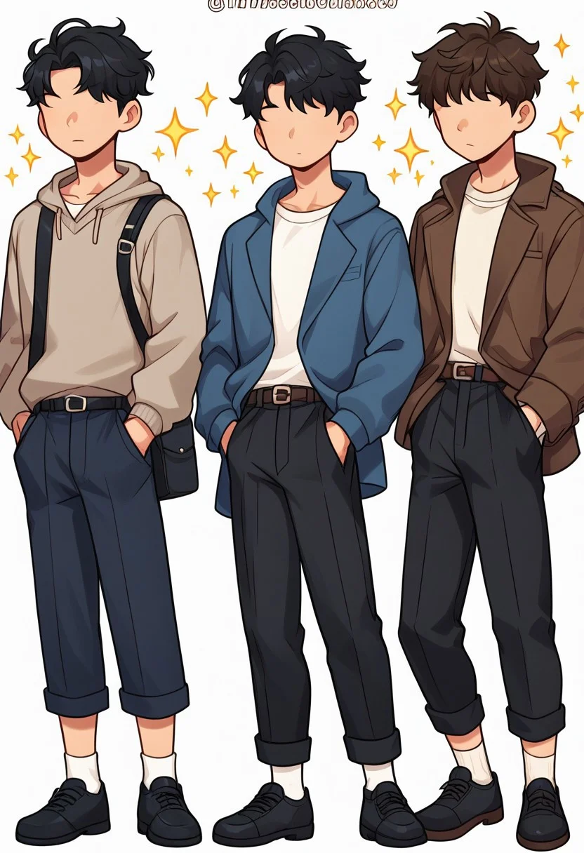 pants, black footwear, black pants, male focus, jacket, shoes, white background, belt, black hair, sweater, multiple boys, socks, sparkle, hand in pocket, bag, white shirt, simple background, short hair, shirt, white sweater, black bag, long sleeves, full body, standing, faceless, multiple views, shoulder bag, blue sweater, brown hair, blue jacket, , 3BOYS, thick outline, black outline, hoodie, cowboy shot, brown jacket, open clothes, no mouth, shorts