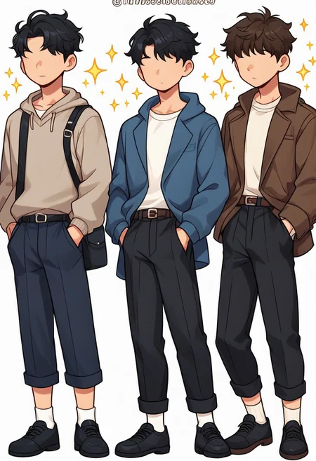 pants, black footwear, black pants, male focus, jacket, shoes, white background, belt, black hair, sweater, multiple boys, socks, sparkle, hand in pocket, bag, white shirt, simple background, short hair, shirt, white sweater, black bag, long sleeves, full body, standing, faceless, multiple views, shoulder bag, blue sweater, brown hair, blue jacket, , 3BOYS, thick outline, black outline, hoodie, cowboy shot, brown jacket, open clothes, no mouth, shorts