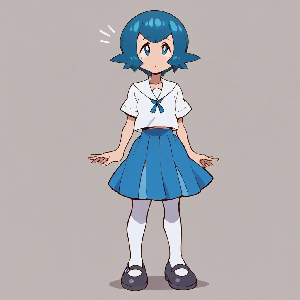 score_9, score_8_up, score_7_up, 1girl, <lora:Perfect Hands:1> Perfect Hands, jmrt, solo, LanaAnimeXL, short hair, blue hair, blue eyes, school uniform, white top, tucked in shirt, blue skirt, pleated skirt, short sleeves, white tights, ribbed tights, black shoes, mary janes, curious, looking up, standing, arms at sides,