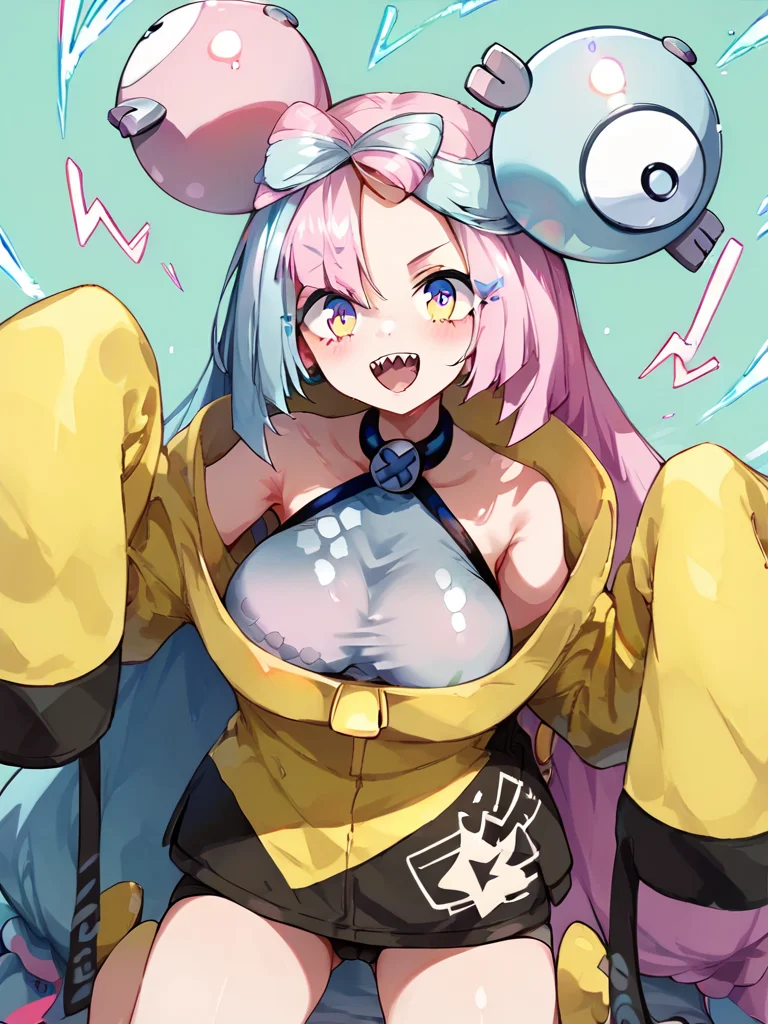 score_9, score_8_up, score_7_up, ultra detailed,, <lora:Expressive_H:0.8> Expressiveh, zPDXL, kneeling, huge cameltoe , large breasts, looking at viewer, <lora:l0n0-10:1>, l0n0, 1girl, long hair, smile, hair ornament, jacket, pink hair, yellow jacket, character hair ornament, iono (pokemon), teeth, sharp teeth, bow-shaped hair, solo, oversized clothes, very long sleeves, x, sleeveless, sleeveless shirt, sleeves past fingers, shirt, sleeves past wrists, open mouth, low-tied long hair