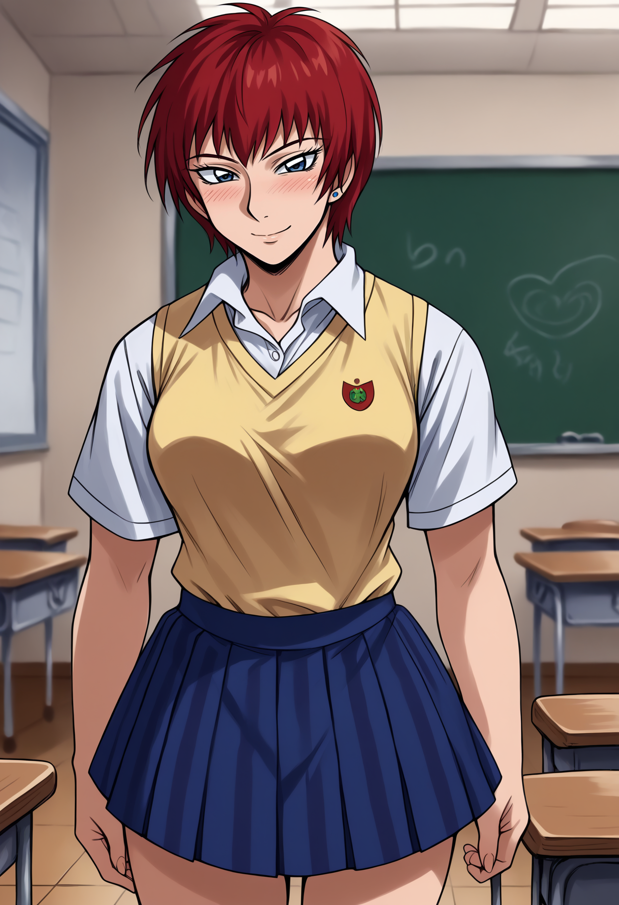 score_9, score_8_up,score_7_up, source_anime, 1girl, solo, <lora:akwmk_pdxl_EliPot:1>, akwmk, tomboy, short hair, red hair, 
stud earrings, jewelry, blue eyes, collared shirt, white shirt, yellow sweater vest, short sleeves, blue skirt, pleated skirt, miniskirt, white legwear, kneehighs, striped skirt, school uniform, 
standing, smile, blush, 
classroom,