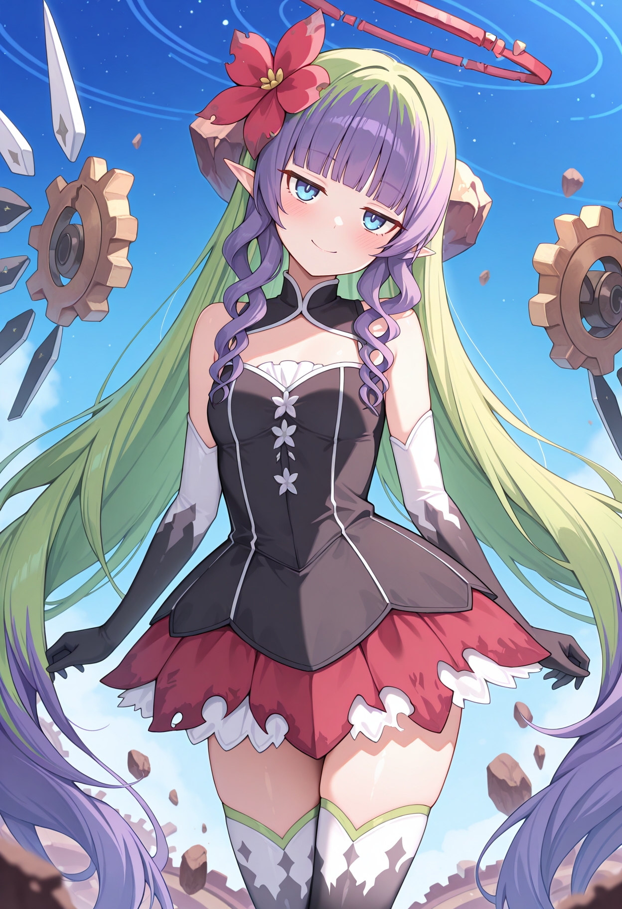 highres, best quality, masterpiece, blue sky, starry sky, floating rock, day, depth of field, blurry, mechanical wings, gears, 
1girl, solo, pcramth, very long hair, blunt bangs, purple hair, green hair, two-tone hair, pointy ears, red halo, hair flower, red flower, hair ornament, ringlets, blue eyes,
amthdef, black dress, sleeveless dress, bare shoulders, black gloves, elbow gloves, two-tone gloves, torn skirt, red skirt, two-tone thighhighs, white thighhighs, black thighhighs, gradient thighhighs, frills,
looking at viewer, blush, smile, jitome, 
head tilt, cowboy shot, 
<lora:_ameth_pcr-elesico-ilxlE:1>