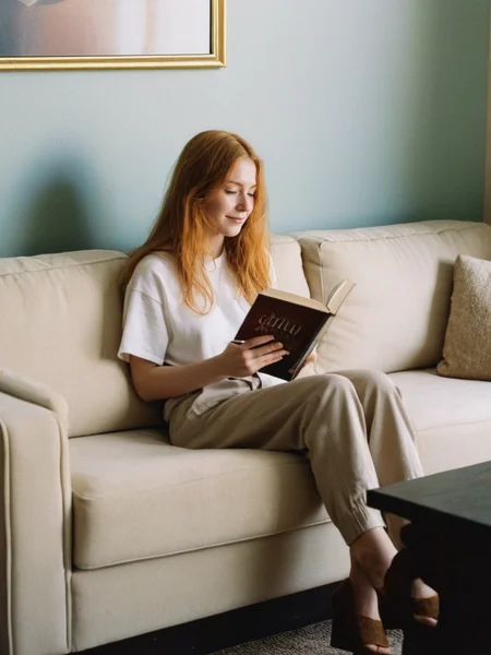 Analog photo of a woman looking like Christine_Duffy_P_MXAI_SDXL , wearing comfortable clothes, sitting on a couch, reading a book, shadows, relaxed, elegant,
